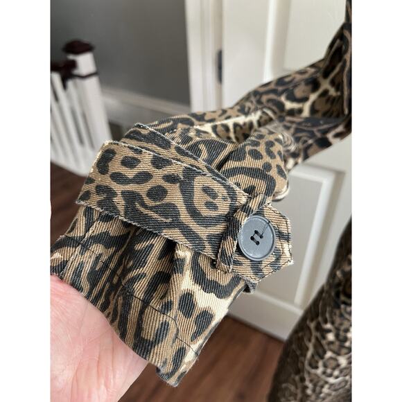 WALKER ROSE Leopard Print Distressed Denim Belted Long Trench Coat - Picture 4 of 13